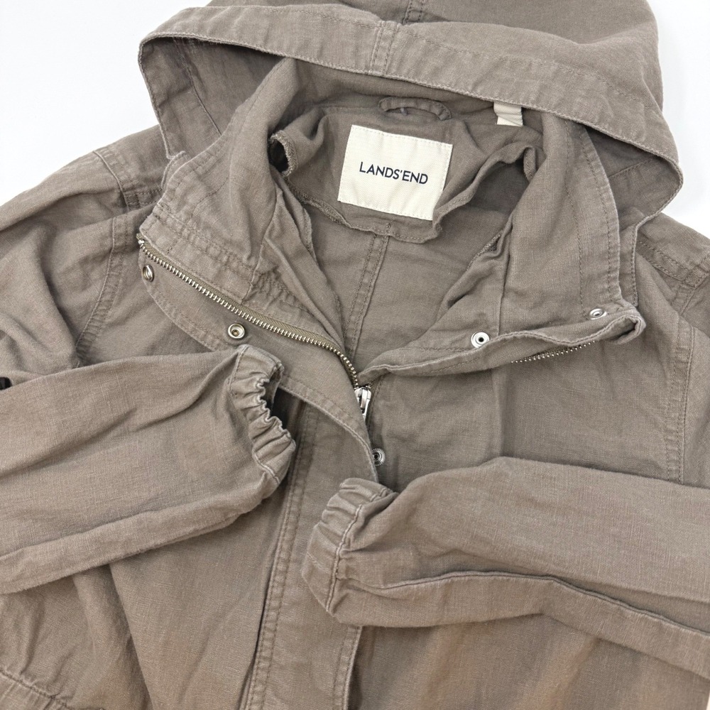Lands'‎ End Brown Linen Cotton Utility Anorak Hooded Jacket Womens Size 2